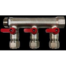 Unbranded 3/4" 3-Loops Ball Valve Brass PEX Manifold for 1/2" PEX, Red Handle