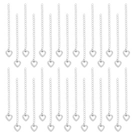 UNICRAFTALE 40Pcs 304 Stainless Steel Curb Chain Extension End Chains with Heart Charms Chain Tabs Necklace Bracelet Extension Chain Anklet Extenders For DIY Jewelry Making Stainless Steel Color 60mm