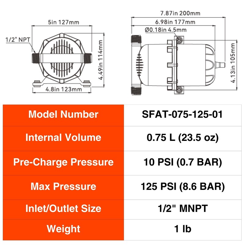 SEAFLO Accumulator Tank Water Pump Flow Control with Internal Bladder