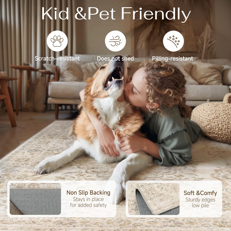 WondRg 8x10 Beige Washable Neutral Area Rug Living Room