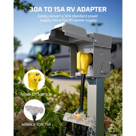 DEWENWILS RV Distribution Adapter, NEMA TT-30P Male to 15/20R Female RV Generator Adapter Cord with LED Power Indicator, 3-Prong to RV Camper Generator Household Outlet, 12Inch, 125VAC 30A, 10AWG STW
