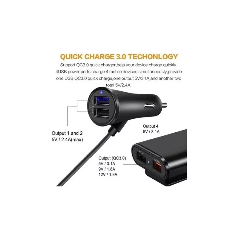 THE9SHOP Combo Cargador Para Auto 3.1a 2+2usb Ampliar Cable V8