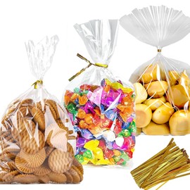 Wocuz Cellophane Treat Bags 100Pcs 6x8 Inches Clear Cookie Candy Bakery Popcorn Dessert Bags with Metallic Twist Ties for Wedding Birthday Party Favors