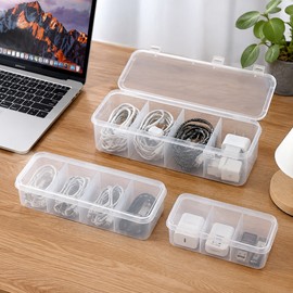3-Pack Transparent Cable Organizer Storage Boxes with Lids and Dividers