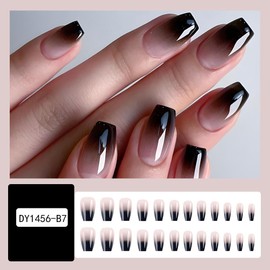 24Pcs Black Ombre Press on Nails Medium Square - WLGDLH Coffin Fake Nails Nude Pink False Nails Press Ons French Nail Art Tips With Glossy Design Full Cover Acrylic Nail Kit for Women Manicure