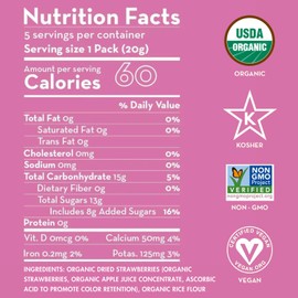 Sunny Fruit Soft Organic Dried Strawberries - 1 Bag (5 Individual Portion Packs) | Healthy, Sweet, Convenient Snack Packs | ORGANIC, NON-GMO, VEGAN, HALAL, KOSHER
