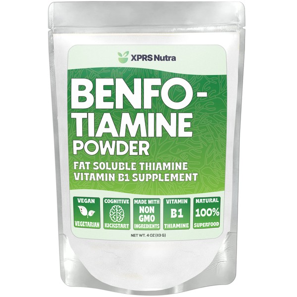 XPRS Nutra Benfotiamine Powder (Thiamine) - Fat Soluble Happy Heart Thiamine Supplement Potent Antioxidant - Benfotiamine for Cognition - Vegan Friendly Benfotamine Powder (4 Ounce)