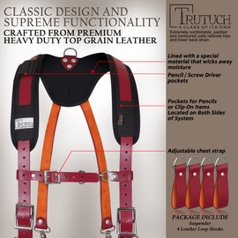 TRUTUCH Leather Work Suspenders With Pockets | Fully-Adjustable Padded Leather Tool Belt Suspenders for Men | Heavy Duty Work Suspender | Construction | Framers | Handyman | Electrician(Maroon)