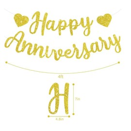 YYBD Happy Anniversary Banner Glitter Gold HAPPY ANNIVERSARY Banner Paper Shiny Banner Anniversary Day Hanging Sign for Women Men 30th 40th 50th 60th 70th 80th Anniversary Celebration Party Decoration (D)