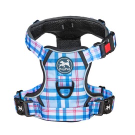 PoyPet No Pull Dog Harness, [Release at Neck] Reflective Adjustable No Choke Pet Vest with Front & Back 2 Leash Attachments (Checkered Blue,S)