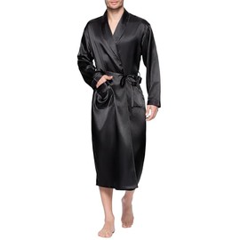 Lavenderi Mens Silky Satin Lounge Robe, Long Lightweight Sleepwear, Black, Medium