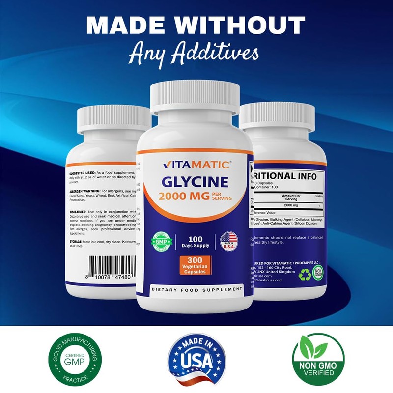 Vitamatic Glycine Supplement, 2000mg Per Serving, 300 Count, Non-GMO, Gluten