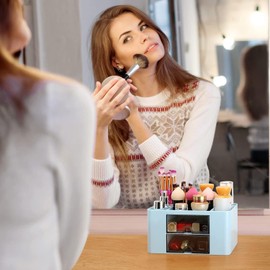 Wlevzzor Makeup Organiser, Plastic Table Cosmetic Organisers with Drawer, Multifunctional Desk Organiser, Pen Holder for School, Office, Home (Blue)