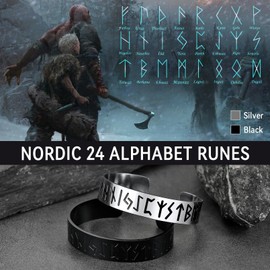 FaithHeart Viking Rune Bracelet Stainless Steel Bangles 15mm Slim Cuff Bracelet for Couple