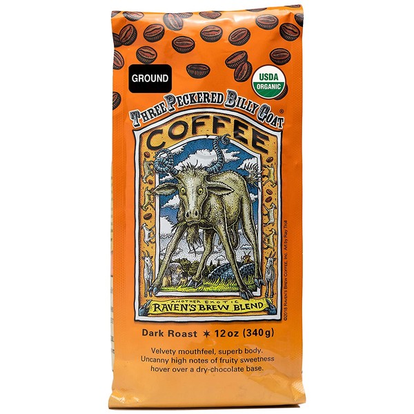 Raven’s Brew Coffee Organic Ground Three Peckered Billy Goat – Dark Roast – Delicious as Espresso – 12oz Bag