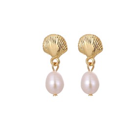 Baroque Pearl Earrings for Women Gold Starfish Shell Dangle Earrings Dainty Pearl Starfish Earrings Ocean Beach Jewelry Gifts for Women (Shell)