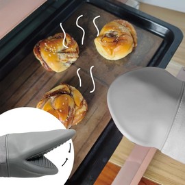 Hot Pads Silicone Oven Mitts Heat Resistant to 500°F Waterproof and Non-Slip, Stain and Odor Resistant, Easy to Clean, Soft Lining, Hanging Loop for Storage (Grey+Accessories Round)