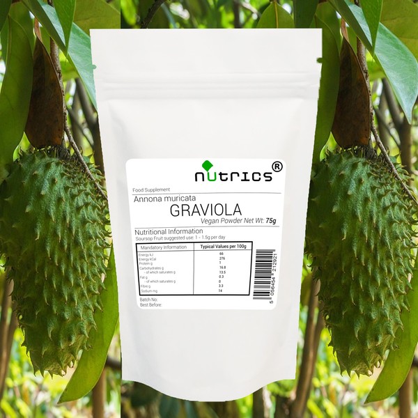 Nutrics® GRAVIOLA Fruit 75g Powder Soursop Annona muricata Suitable for Vegan Vegetarian Halal Kosher