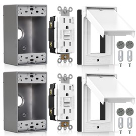ELEGRP Outdoor GFCI Outlet Kit, with Weatherproof Cover and Box, 1 Gang, 15 Amp TRWR Self-Test GFI Receptacle, Vertical Outdoor Cover, Extra Duty Metallic Electrical Outlet Box, UL Listed, 2 Pack