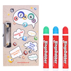 evelay Bingo Board & 3 Coloured Dabbers Clasp Clip Small Lucky Clip Board Colourful