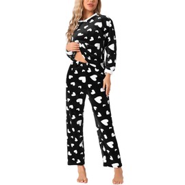 cheibear Women's Sleepwear Lounge Flannel Winter Warm Plush Fleece Pajamas Set Black Medium