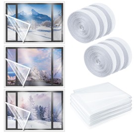 Beeveer 3 Sets 87 x 118 Inch Window Insulation Kit Cuttable Transparent Film with Adhesive Straps Reusable Window Plastic for Patio Winterizing Thicken Warm Winter Waterproof Attic Insulation Cover