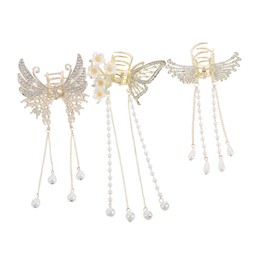 IWOWHERO 3pcs Flower Hair Clips with Tassel Pendant Elegant Butterfly Wing Hair Claw Accessories for Women for Half Updos and Everyday Hairstyles