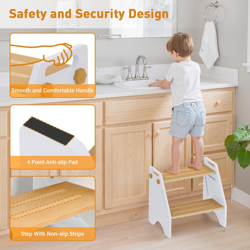 Toddler Step Stool, Wooden Height-Adjustable 2 Step Stool for Kids,