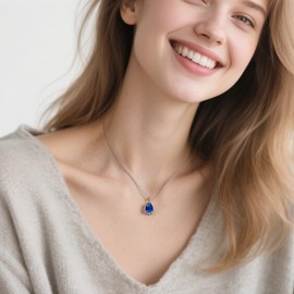 Desnuage Sapphire Teardrop Pendant Necklace for Women - Sterling Silver Navy Blue Birthstone Crystal Necklace Gift