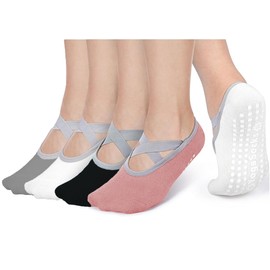 Pilates Socks Non-Slip 4 Pairs, Large Size Fits UK 3.5-7.5 / EU 36-41, Women's Yoga Socks with Grips & Straps for Pilates Equipment, Barre Workout & Ballet, Breathable Cotton Crew Socks
