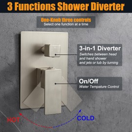 ENGA 3 Way Shower Diverter Valve, Square Three-Function Shower Handle Valve, Bathroom Shower Control Valve, Wall Mount Shower Handle Rough-In Solid Brass Shower Valve Mixer, Brushed Nickel