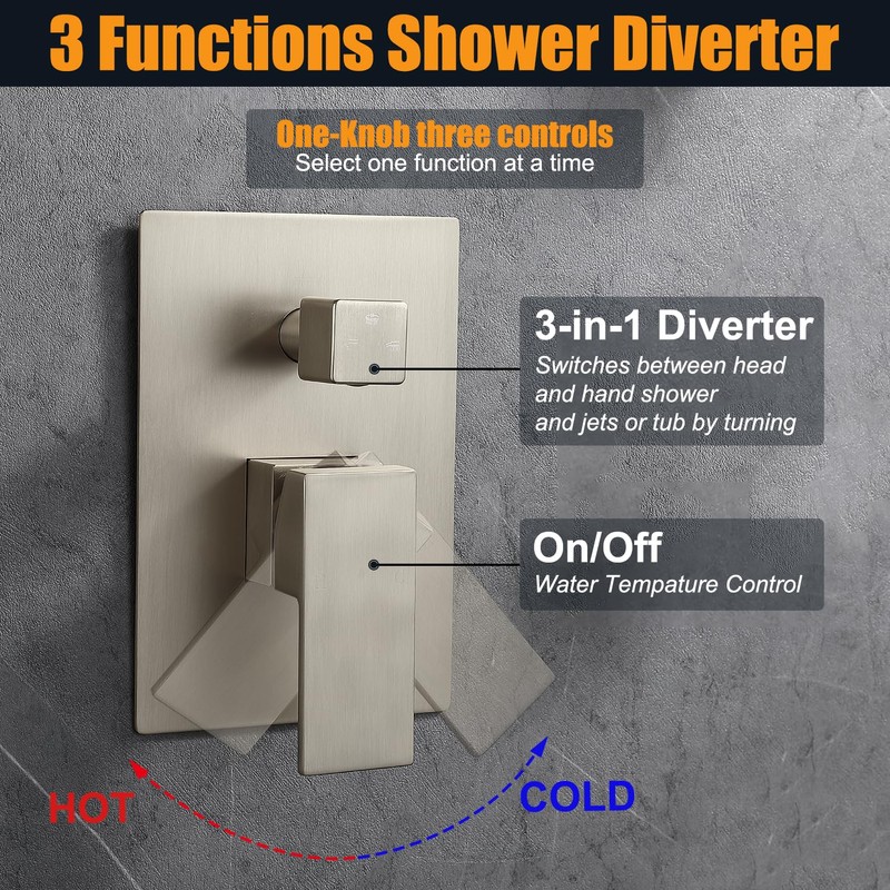 ENGA 3 Way Shower Diverter Valve, Square Three-Function Shower Handle