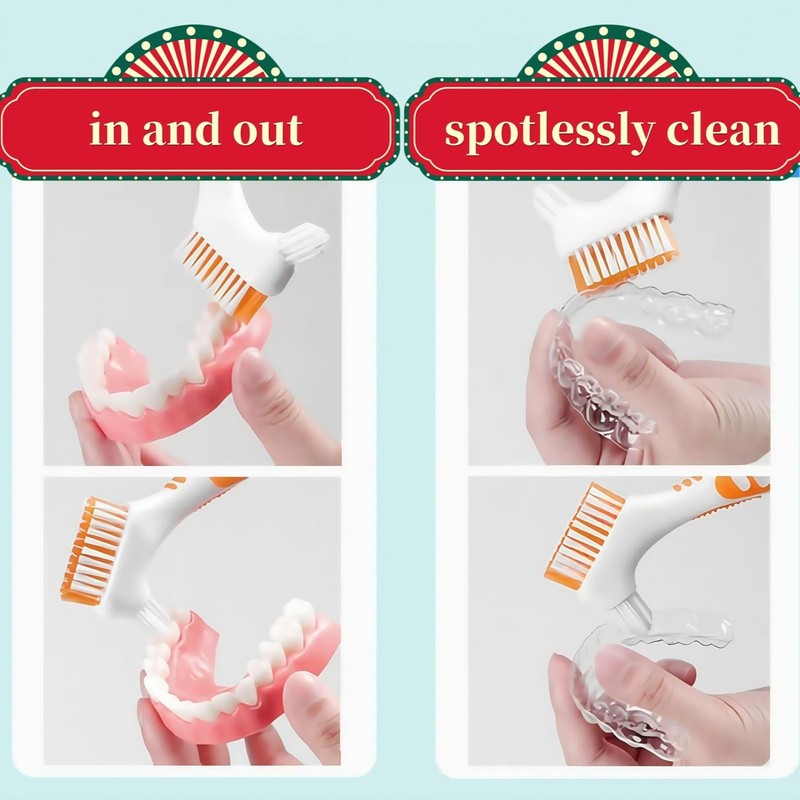Denture Cleaning Brushes 2-Pack with Dual-Angle Heads - Soft Nylon