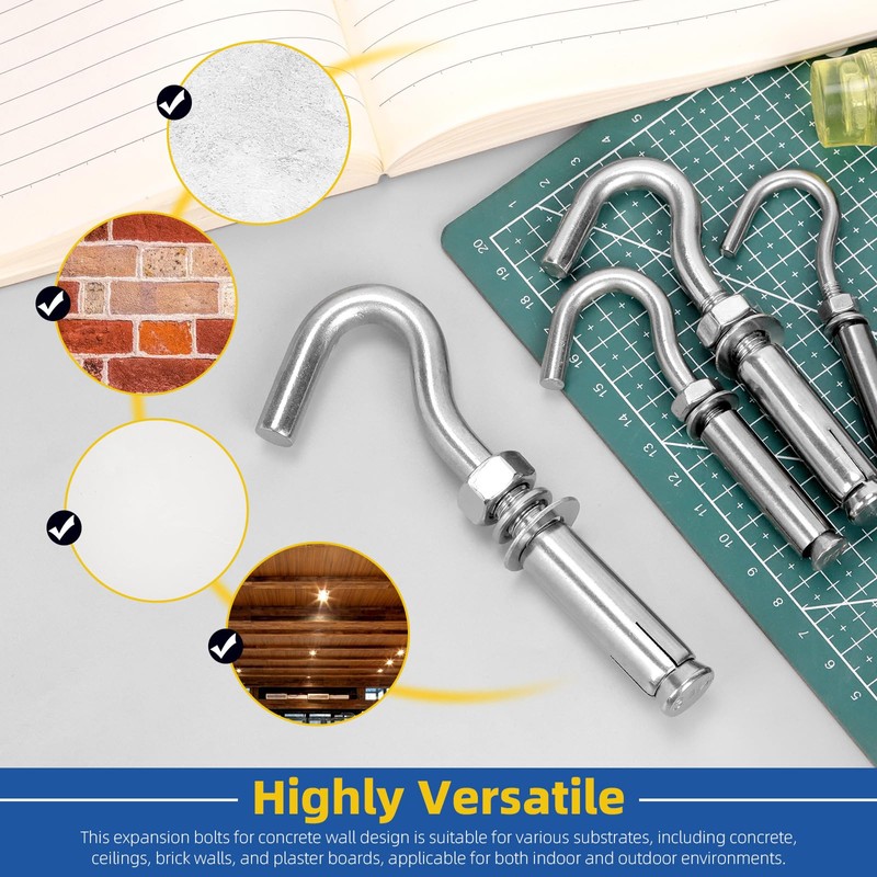 Glarks 6pcs M8 Expansion Hook Set, 304 Stainless Steel Open