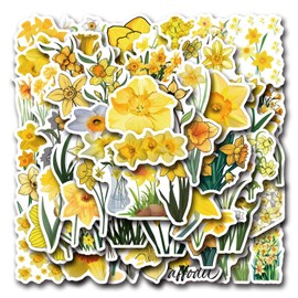 Cute Daffodil Flower Aesthetic Stickers for Scrapbook, 60PCS Yellow Daffo-dil Waterproof Stickers for Water Bottles Laptop Journal, Plant Decals for Girls Adults, Flower Party Favors (Daffodil)