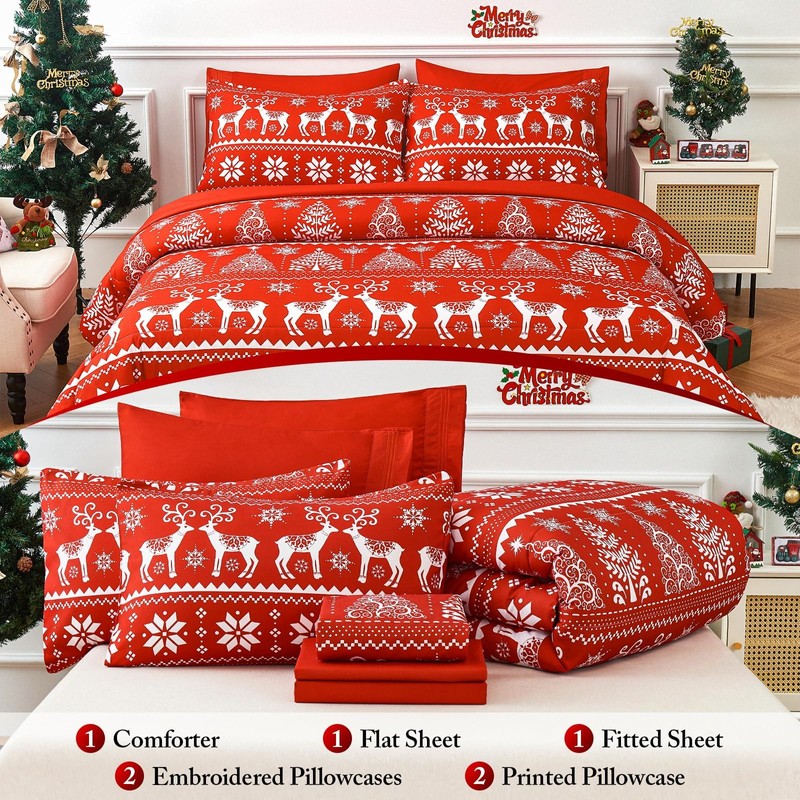 YIYEA Christmas Comforter Set, 7 Pieces Bed in a Bag,