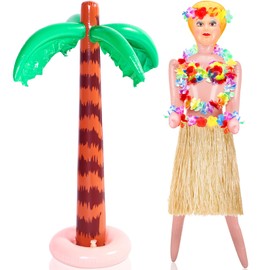 Liliful 2 Pcs Hawaiian Inflatable Blow up Doll Set 59'' No Moving Part Judy Doll Summer Inflatable Palm Tree Pool Raft Hula Skirt Bikini Top Costume(Grass Color)