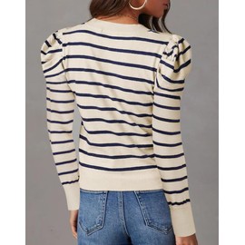 UNCLECAT Women's Striped Sweater Trendy Lightweight Sweaters Puff Long Sleeve Tops Casual Knit Pullover Shirts Apricot