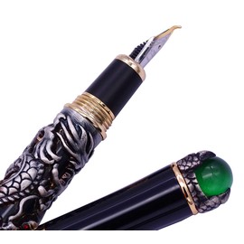 Jinhao Dragon Fountain Pen Bent Nib, Black Color, Heavy Fude Pen Fine to Broad Size,Solid Metal with Pen Pouch