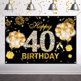 Happy 40th Birthday Backdrop Banner for Men and Women 40 Years Old Fabric Sign Poster Party Decoration, Black and Gold Photography Background 40th Birthday Party Supplies, 120x80cm