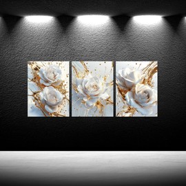 iKNOW FOTO 3 Pieces Gold and White Rose Canvas Wall Art Abstract Floral Prints for Bedroom Living Room Bathroom Hallway Modern Home Decoration Each 12x16 Inch