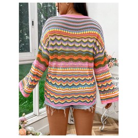 BEAUDRM Women's Plus Size Striped Crochet Sweater Long Bell Sleeve Hollow Out Lightweight Sweater Loose Pullover Knit Top Multi Pink 3X-Large Plus