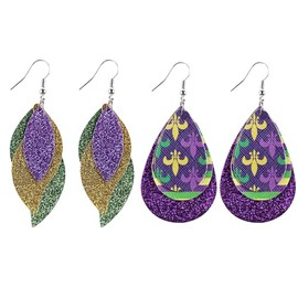 MOEEIJEW 2 Pairs Mardi Gras Earrings for Women Sparkly Glitter Leather Layer Leaf Mardi Gras Dangle Earrings Holiday Jewelry (Maple A)