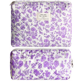 2Pcs Quilted Makeup Bag Set Flower Cute Pencil Case Large Small Travel Makeup Pouch Set for Women Coquette Makeup Bag Aesthetic Cotton Cosmetic Bag Purple Toiletry Organizer Storage Bag Zipper Pouch
