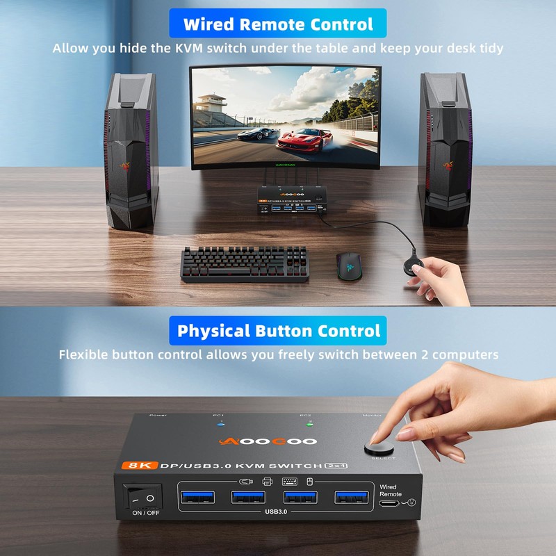 DP KVM Switch 2 Computer 1 Monitor, 8K@60Hz/4K@240Hz Displayport KVM