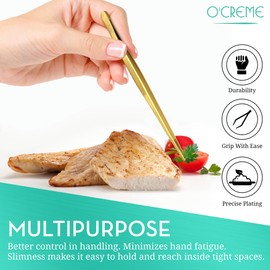 O'Creme 10 Inch Gold-Colored-Exterior Stainless Steel Precision Kitchen Tweezer Tongs with Serrated Tips for Gripping