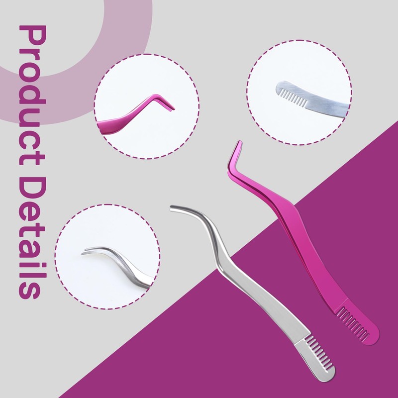 2PCS Eyelash Extension Tweezers, Stainless Steel Lash Tweezers with Comb,