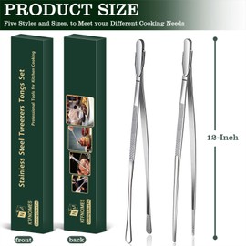 KTFNOMES 2 Pcs 12-Inch Cooking Tweezers Fine Tweezer Tongs, Extra-Long Stainless Steel Kitchen Tweezers, for Grilling, Serving, and Food Preparation,Silver