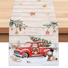 Bonhause Christmas Red Truck Table Runner, Wood Grain Christmas Table Runner, Seasonal Winter Xmas Holiday Table Runner for Kitchen Home Decor, 33 x 183 cm Xmas Tree Snowfield Table Decor