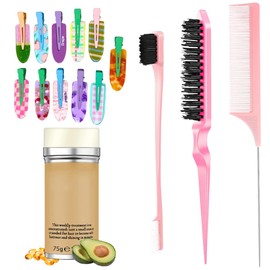 Set Peinado 14pcs: Cera en Barra 75g Control de Frizz, Set de 3 Cepillos Profesionales, 10 Broches de Cabello Decorativos, Combo para Bordes, Retiene Baby Hairs, Fijado para Peinado Impecable